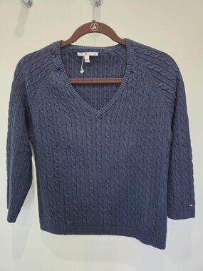 Tommy Hilfiger New Women's Navy Blue Cropped 3/4 Sleeve Cable Knit Sweater M/L
